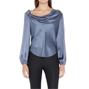 Cinq a Sept Jordy Silk  Draped One-Shoulder Long Sleeve Top - Blue New with Tags